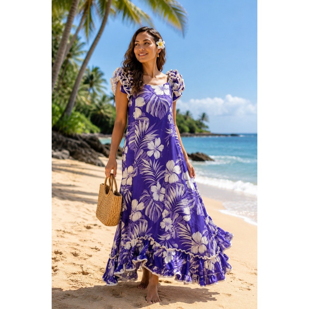Pacific Legend Dress M Hawaii Violet Purple Floral Hibiscus Ruffle Maxi Aloha